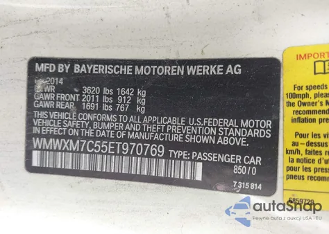 2014 Mini Hardtop Cooper S z USA, uszkodzony, nr VIN WMWXM7C55ET970769